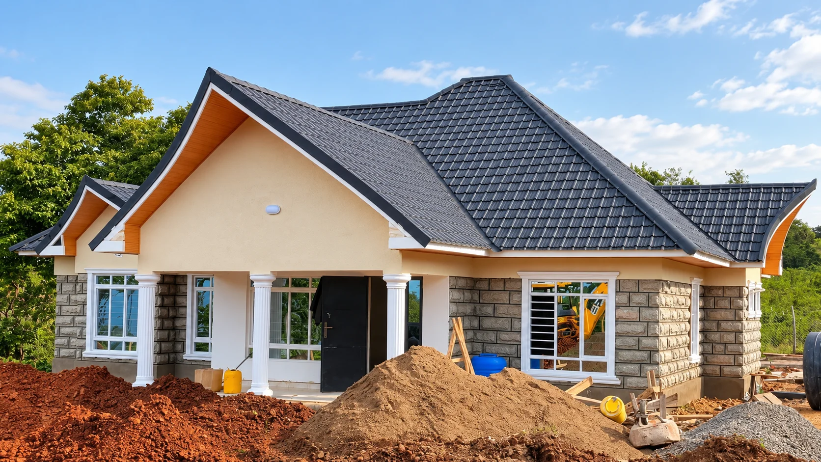 Charcoal roof and stone facade on a house under construction